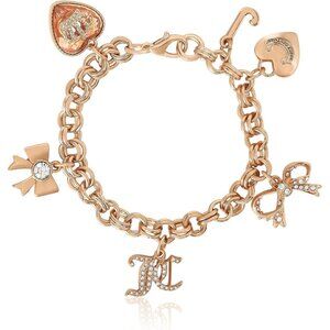 Goldtone Charm Bracelet 7.5" with 6 Charms & Clear Stones for Women